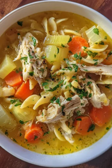 Overhead view of a steaming, hearty homemade rotisserie chicken soup recipe with noodles, vegetables, and fresh herbs in a white bowl.