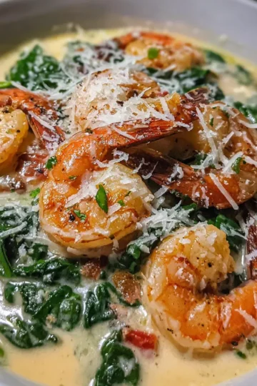 Close-up of a rich, creamy shrimp and spinach dish, a delightful shrimp soup recipe variation topped with grated cheese.
