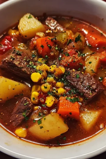 Hearty steak soup recipe with vegetables and fresh herbs.
