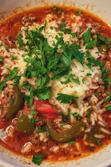 A comforting, deconstructed stuffed pepper soup recipe in a white bowl, topped with melted cheese and fresh herbs.