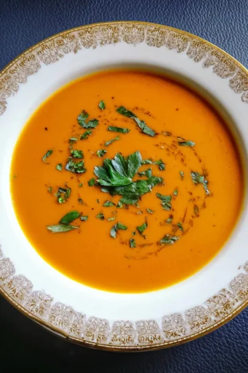 Creamy sweet potato soup recipe, richly orange, garnished with fresh herbs and a dark drizzle, served in a white bowl with an ornate gold rim.