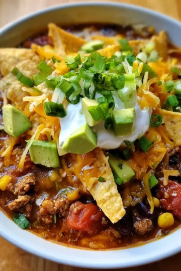 A close-up of a hearty bowl of taco soup, topped with cheese, sour cream, avocado, tortilla chips, and green onions. This vibrant taco soup recipe is perfect for a satisfying meal.