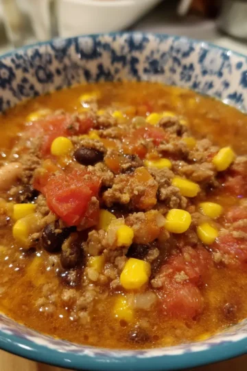 A close-up of a hearty bowl of homemade taco soup, featuring ground meat, corn, beans, and tomatoes, perfect for an easy taco soup recipe.