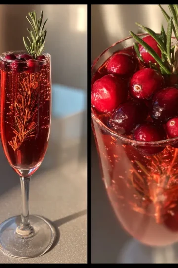 A sparkling Christmas poinsettia cocktail recipe in a champagne flute, garnished with fresh cranberries and rosemary.