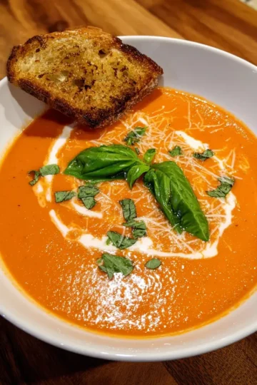 Creamy tomato soup recipe with basil, cheese, and toasted rustic bread on a warm wooden surface.