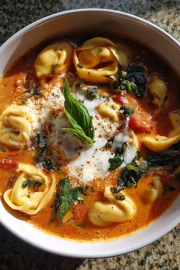 Creamy tomato tortellini soup recipe with spinach, basil, and Parmesan cheese, viewed from above.