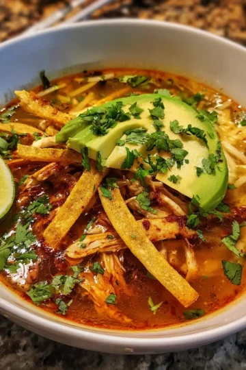Vibrant bowl of chicken tortilla soup with avocado, cilantro, and lime, perfect for a delicious tortilla soup recipe.