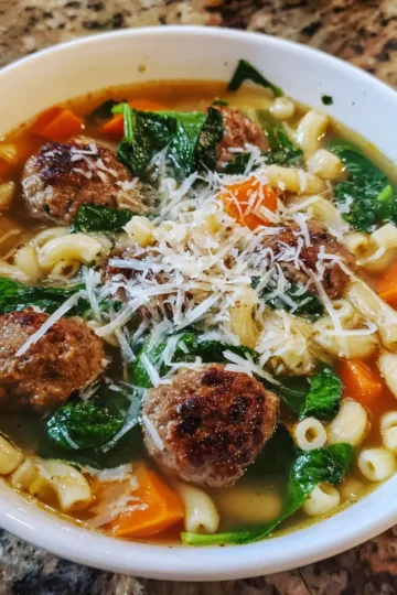 Hearty Italian wedding soup recipe with meatballs, pasta, spinach, carrots, and Parmesan cheese in a white bowl.