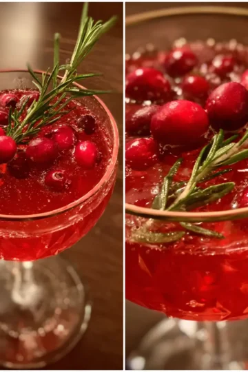 A diptych showing a vibrant red Christmas poinsettia cocktail recipe, garnished with cranberries and rosemary in an elegant, faceted glass.