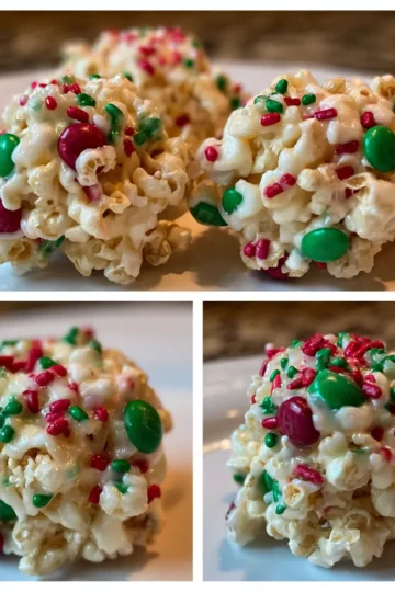Close-up of three festive red and green Christmas popcorn balls, perfect for a holiday recipe.