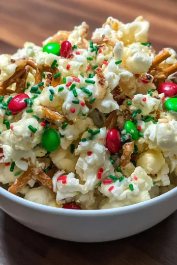 A close-up of a festive white chocolate-coated Christmas popcorn recipe with red and green M&Ms, pretzels, and sprinkles in a white bowl on a wooden surface.