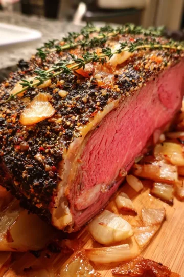 A perfectly cooked medium-rare christmas prime rib roast recipe, carved on a wooden board with caramelized onions and fresh thyme.