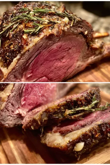 A perfectly cooked medium-rare Christmas prime rib roast recipe, carved and presented with rosemary on a rustic wooden board.