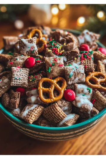 A close-up of a festive christmas puppy chow recipe in a teal bowl, featuring glazed cereal, pretzels, and red and green M&Ms.