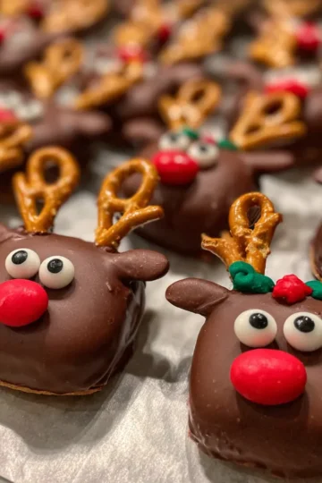 A close-up of festive homemade chocolate Christmas reindeer cookies with pretzel antlers and red noses, perfect for a holiday recipe.