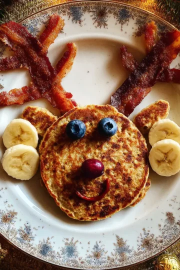 Delightful Christmas reindeer pancake recipe with blueberry eyes, a red berry nose, and crispy bacon antlers on a festive plate.