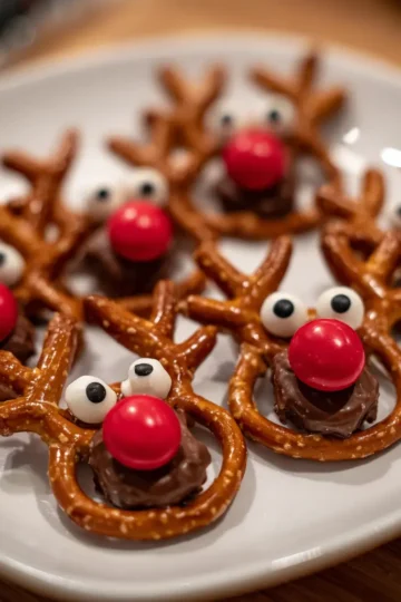 Adorable homemade Christmas reindeer pretzel treats with red noses and googly eyes on a white platter, perfect for a festive Christmas reindeer pretzel recipe.