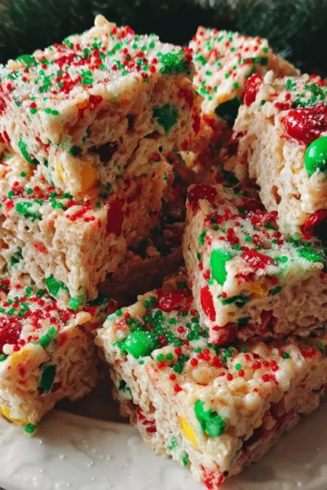 Close-up of festive Christmas Rice Krispie treats decorated with red and green sprinkles and candies, perfect for a holiday recipe.