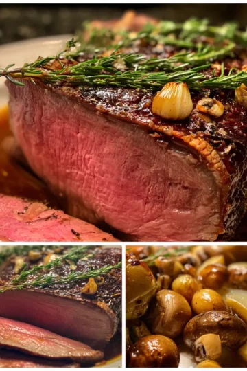 Succulent sliced Christmas roast beef recipe with rosemary, roasted garlic, and savory gravy, served with caramelized mushrooms and pearl onions.