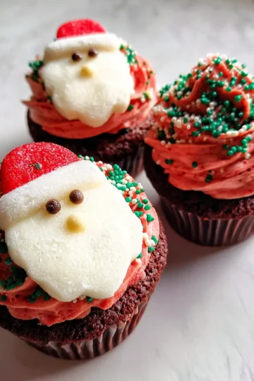 Delicious chocolate Christmas Santa cupcakes recipe with vibrant crimson frosting, festive sprinkles, and charming Santa face toppers.