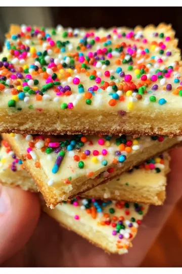 Hand holding a stack of festive, sprinkle-covered shortbread bars, perfect for a christmas shortbread cookie recipe.
