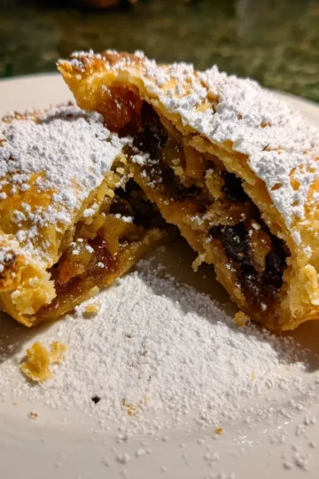 Festive Christmas mince pie, cut in half and dusted with powdered sugar, showcasing a perfect Christmas mince pie recipe.