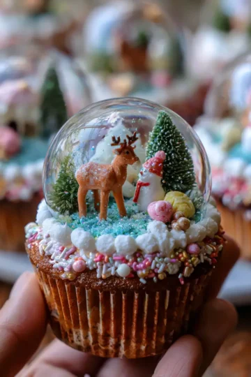 Close-up of a festive Christmas snow globe cupcake held in a hand, featuring a miniature winter scene with a reindeer and snowman, highlighting a delightful Christmas snow globe cupcakes recipe.