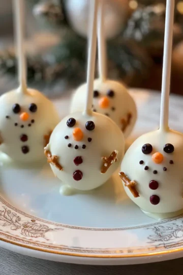Delicious Christmas snowman cake pops, made with a festive recipe, elegantly arranged on a decorative plate.