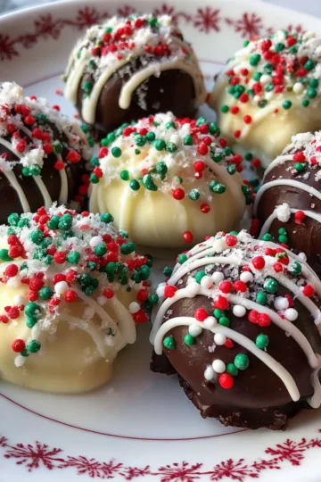 Close-up of festive chocolate and white chocolate Christmas Oreo balls recipe on a holiday plate.