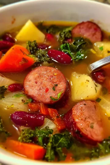 A close-up of a hearty Christmas soup recipe, featuring savory sausage, kale, potatoes, carrots, and kidney beans in a rich broth, perfect for the holidays.