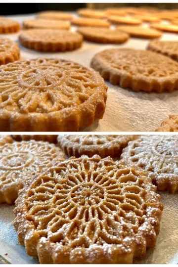 Split image showcasing golden-brown, intricately designed springerle cookies, half plain and half dusted with powdered sugar, perfect for a Christmas springerle cookie recipe.