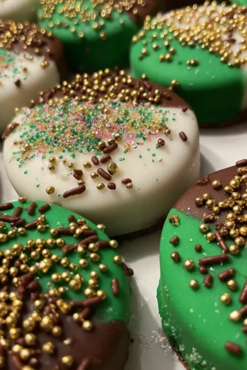 Vibrant green, white, and chocolate-dipped Christmas Oreo cookies with gold sprinkles, showcasing a delightful christmas oreo cookies recipe.