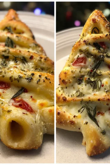 Savory baked Christmas tree appetizer recipe with cheese and herbs on a festive holiday table.