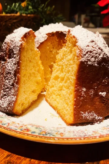 Delicious Christmas Pandoro cake, powdered sugar dusted and sliced, on a festive plate, perfect for a special christmas pandoro recipe.