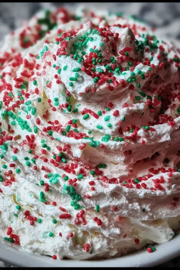 Close-up of a fluffy, white Christmas tree dip recipe adorned with festive red and green sprinkles in a white bowl.