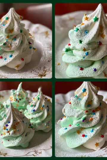 Delicate pastel green Christmas tree meringues, dusted with powdered sugar and adorned with colorful star sprinkles, ideal for a festive Christmas tree meringues recipe.