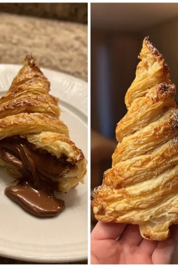 Golden, flaky Christmas tree Nutella recipe pastry, shown both cut open with gooey filling and whole, dusted with powdered sugar.