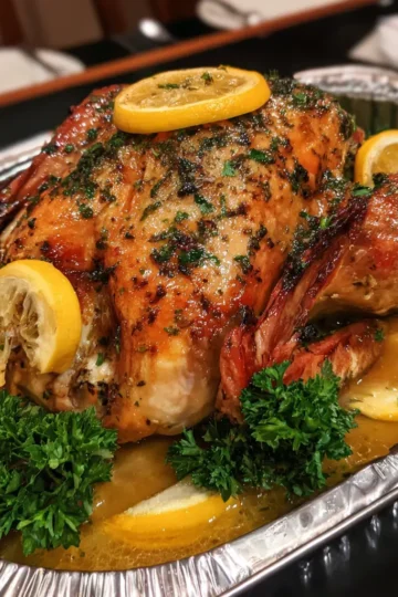 Golden-brown roasted bird garnished with fresh lemon and herbs in a foil pan, perfect for a christmas turkey recipe.