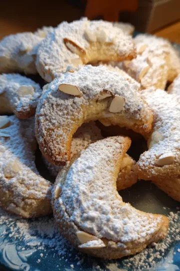 A close-up of a generous pile of crescent-shaped Christmas Vanillekipferl cookies, heavily dusted with powdered sugar and garnished with almond slivers, resting on a blue decorative plate.