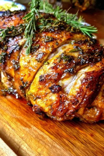 Richly glazed, herb-crusted roast on a rustic wooden board, a perfect inspiration for your christmas vegan turkey roast recipe.