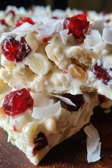 Close-up of delicious white Christmas recipe bars, heavily coated in white, featuring dried cranberries, coconut flakes, and puffed cereal on a wooden surface.