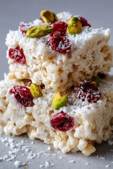 Close-up of two festive white Christmas recipe dessert bars, generously topped with red cranberries, green pistachios, and shredded coconut.