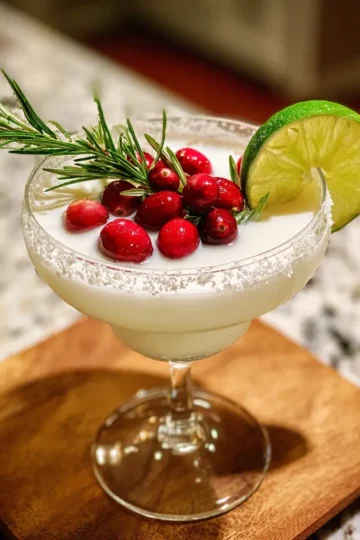 A festive white Christmas margarita recipe cocktail, garnished with cranberries, rosemary, and lime, in a sugar-rimmed glass on a wooden board.