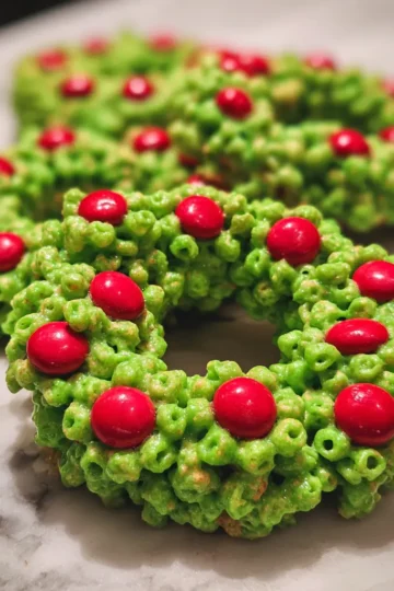 Vibrant green Christmas wreath cookies adorned with red candies, showcasing a delightful christmas wreath cookie recipe.