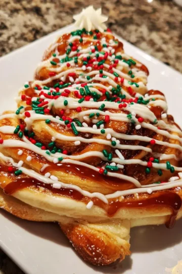 A festive golden-brown Christmas tree cinnamon roll, adorned with caramel, white icing star, and sprinkles, perfect for a cinnamon roll Christmas tree recipe.