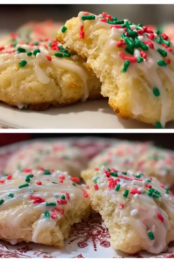 Two panels showcasing festive cream cheese Christmas cookies recipe with white glaze and red and green sprinkles on holiday plates.