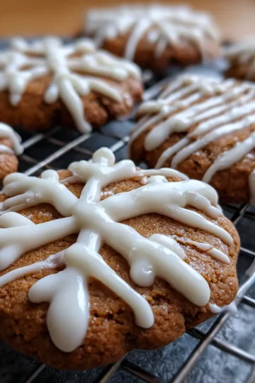 Close-up of a gingerbread cookie with intricate white snowflake icing cooling on a wire rack, highlighting a delightful gingerbread icing recipe.