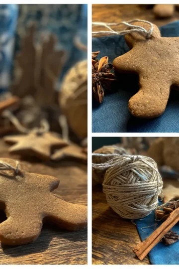 A warm, rustic collage of gingerbread man and star ornaments tied with twine, cinnamon sticks, and star anise, perfect for a gingerbread ornament recipe.