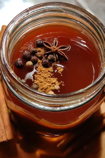 Glass jar of homemade gingerbread syrup recipe with star anise, cinnamon sticks, and various spices on a wooden surface.