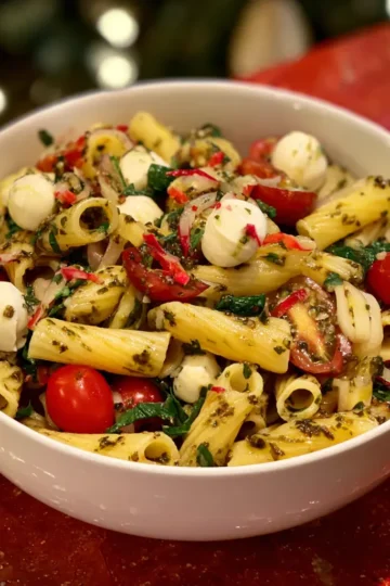 Vibrant close-up of a festive christmas pasta salad recipe with pesto, cherry tomatoes, and mozzarella in a white bowl.